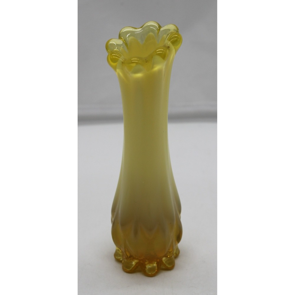 Vtg MCM Fostoria Heirloom Yellow Opalescent Vaseline Glass Swung Bud Vase 5"H